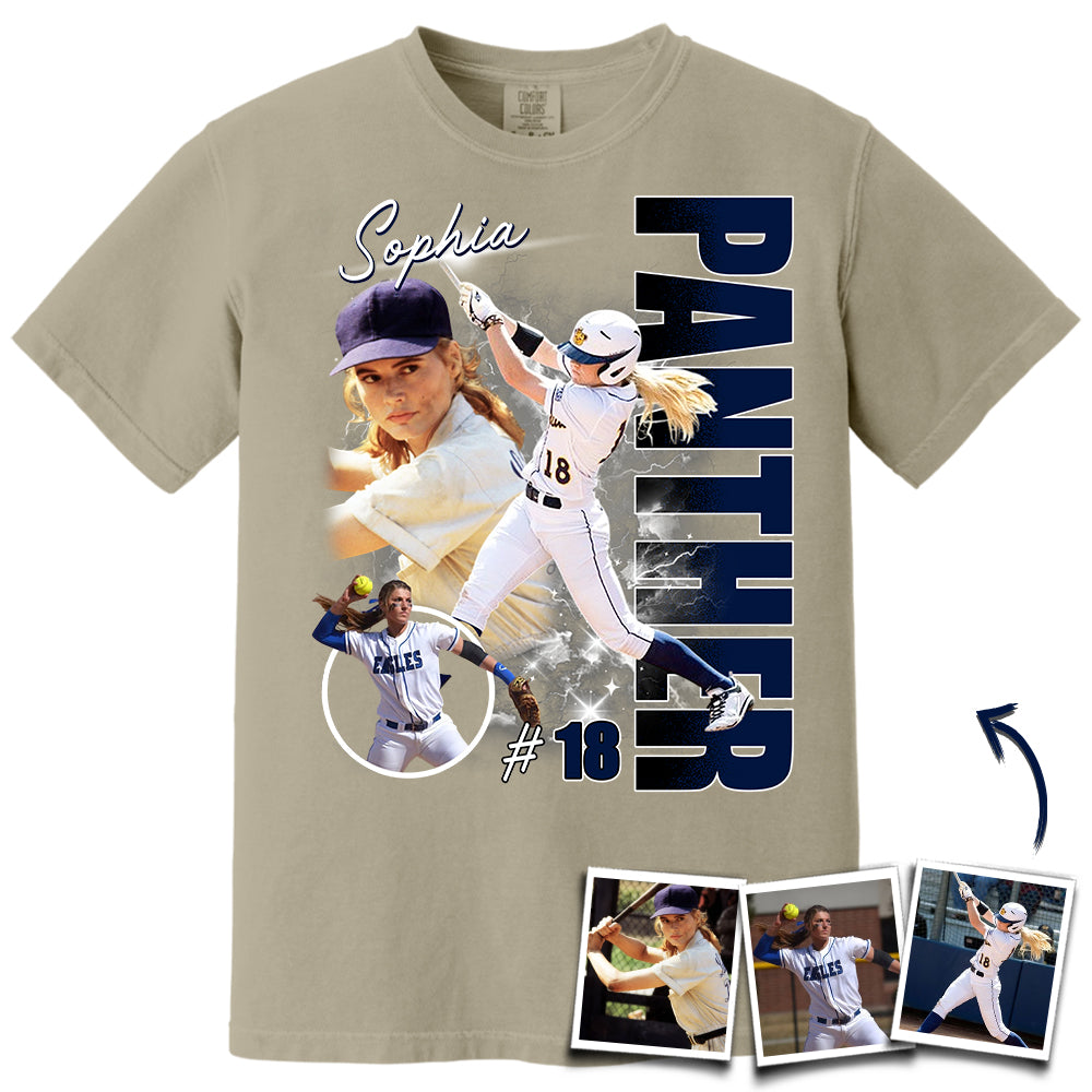Custom Photo Softball Player Shirt - Personalized Team Name School Name Bootleg Shirt T1807