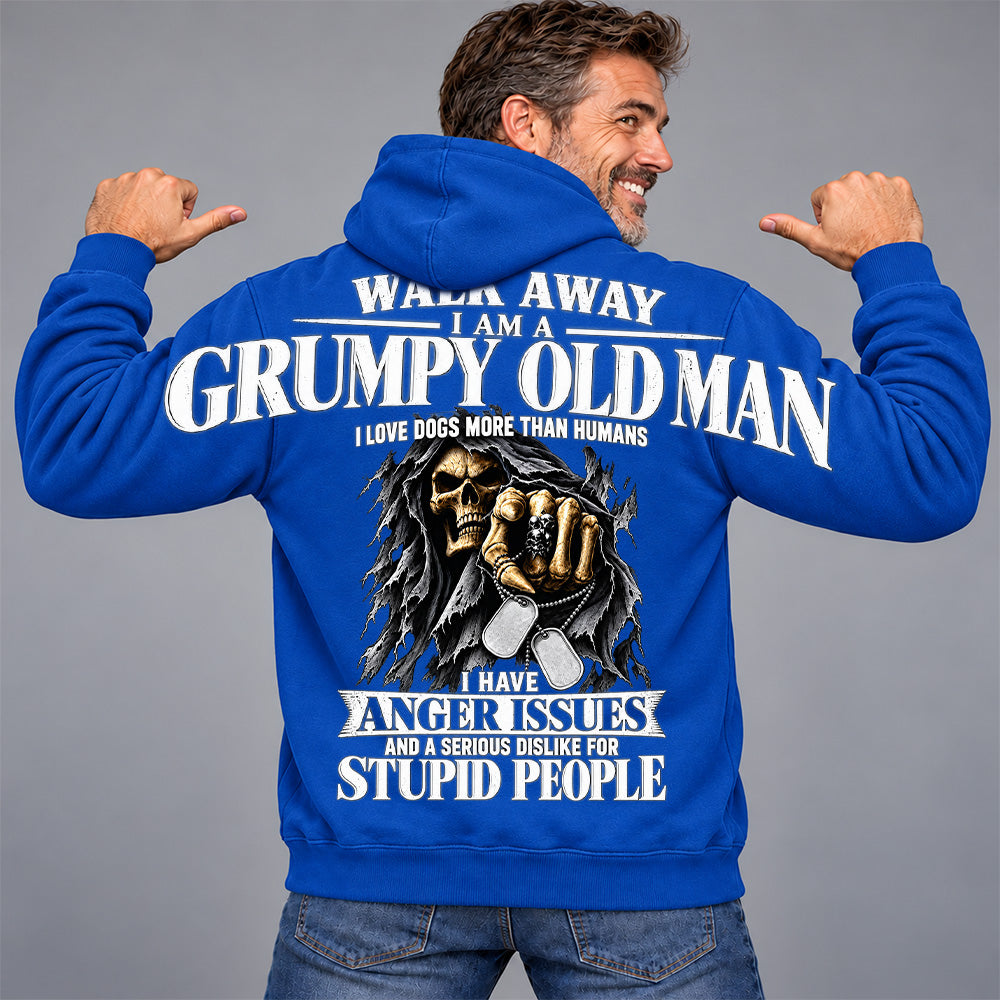 Walk Away I Am A Grumpy Old Man I Love Dogs More Than Humans I Have Anger Issues Skeleton Oversized Shoulder Print Shirts T24