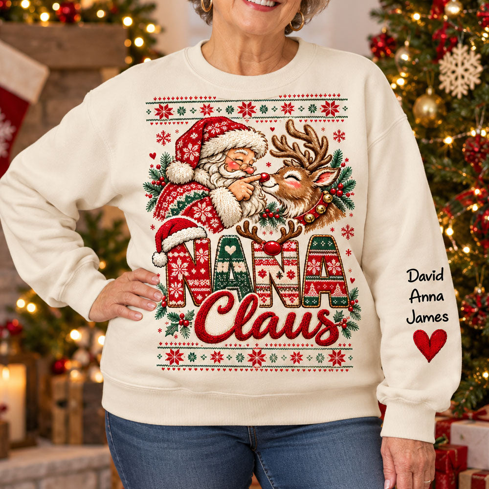 Custom Nana Claus Sweatshirt with Grandkids Names, Personalized Christmas Sweater, Cute Santa and Reindeer Holiday Crewneck C2408 Nh00 KL07