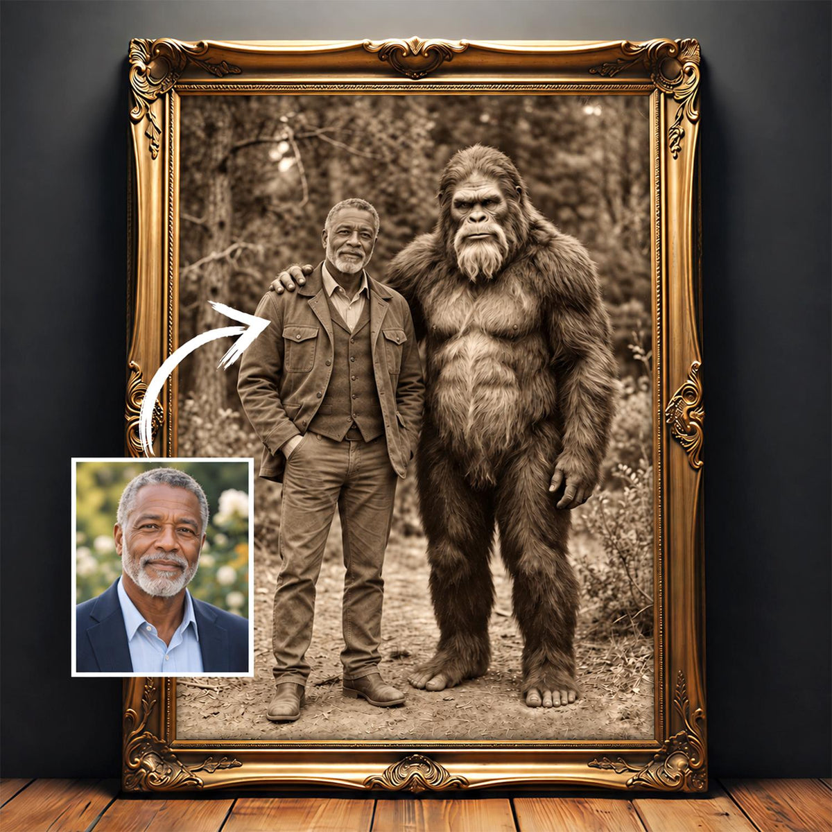 Sasquatch Wall Art, Custom Bigfoot Portrait, Personalized 19th Century Bigfoot Decor, Vintage Photograph Cryptid Poster, Bigfoot Lover Gift C2408 Hv01 DN10