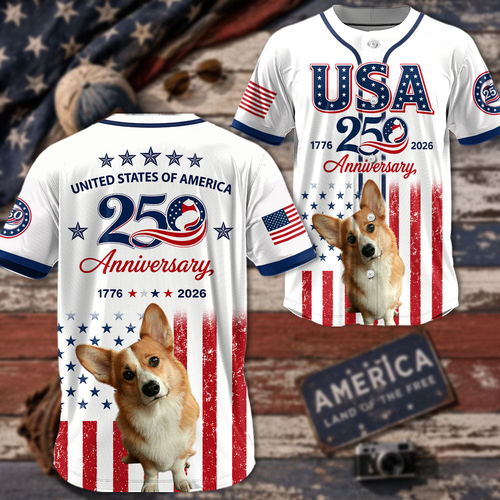Custom Upload Photo Welsh Corgi USA 250th Anniversary Baseball Jersey 1776-2026 Patriotic Dog Lovers Shirt Pt99