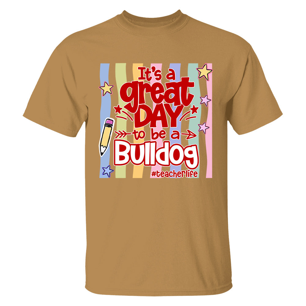 It's A Great Day To Be A Bulldog Personalized School Mascot Retro Stripe Shirt For Teacher T24