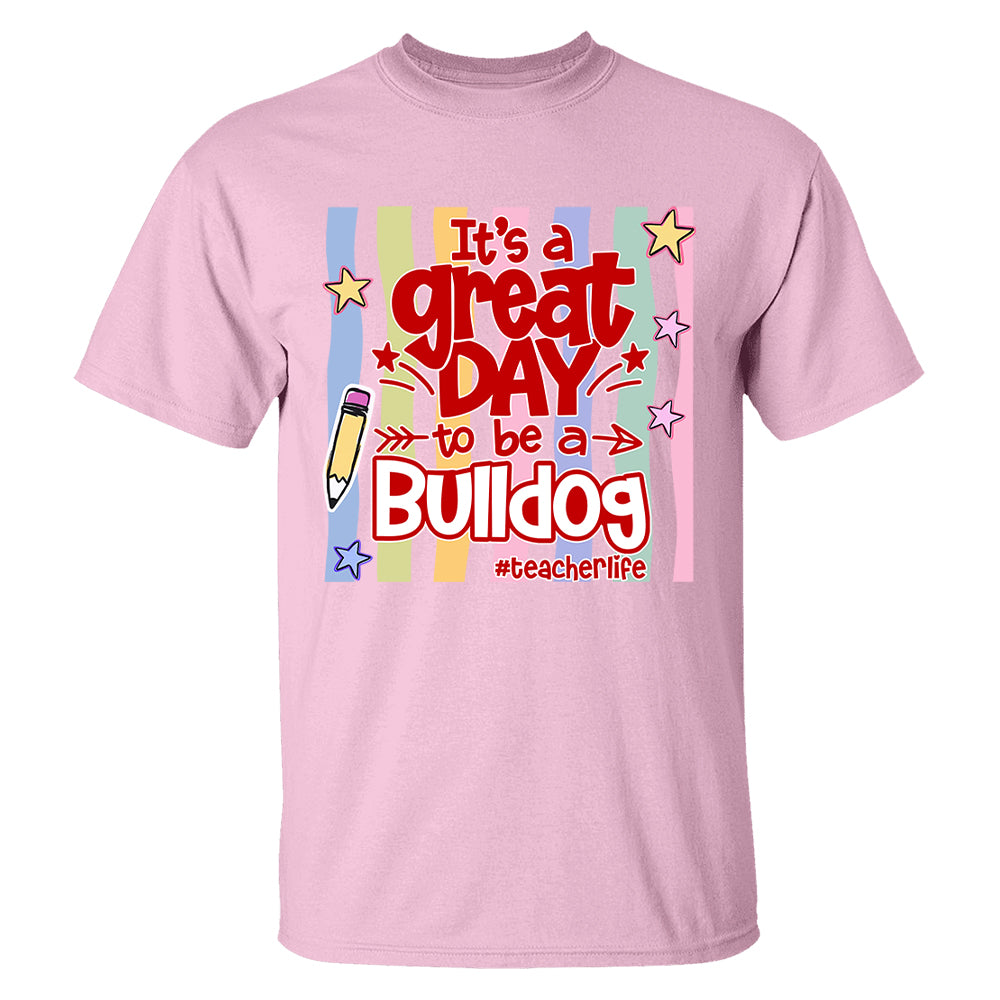 It's A Great Day To Be A Bulldog Personalized School Mascot Retro Stripe Shirt For Teacher T24