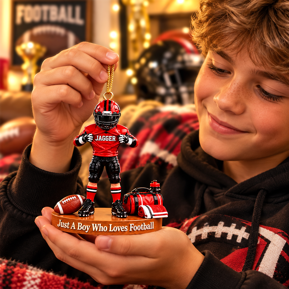 Personalized Football Player Christmas Ornament, Custom Name, Number & Uniform Colors, Just a Boy Who Loves Football Gift New Hv01