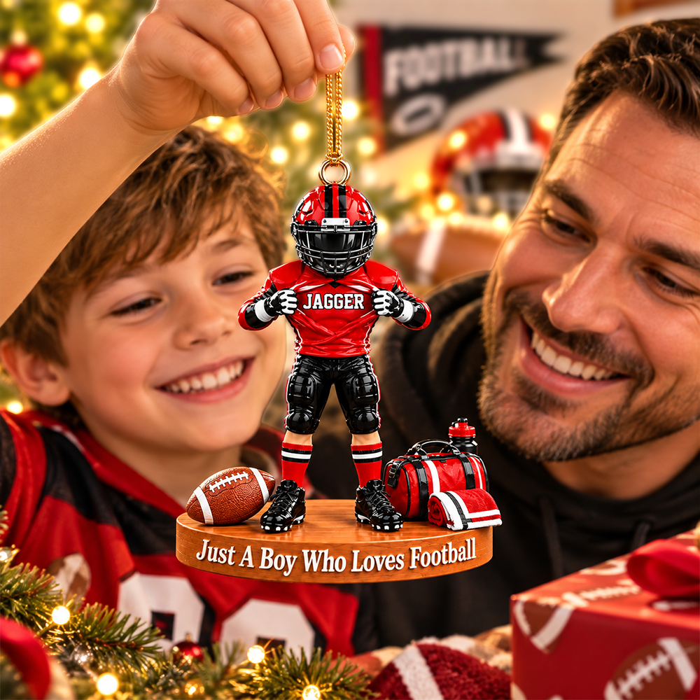 Personalized Football Player Christmas Ornament, Custom Name, Number & Uniform Colors, Just a Boy Who Loves Football Gift New Hv01