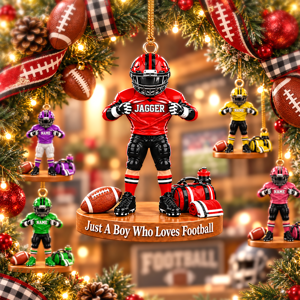 Personalized Football Player Christmas Ornament, Custom Name, Number & Uniform Colors, Just a Boy Who Loves Football Gift New Hv01