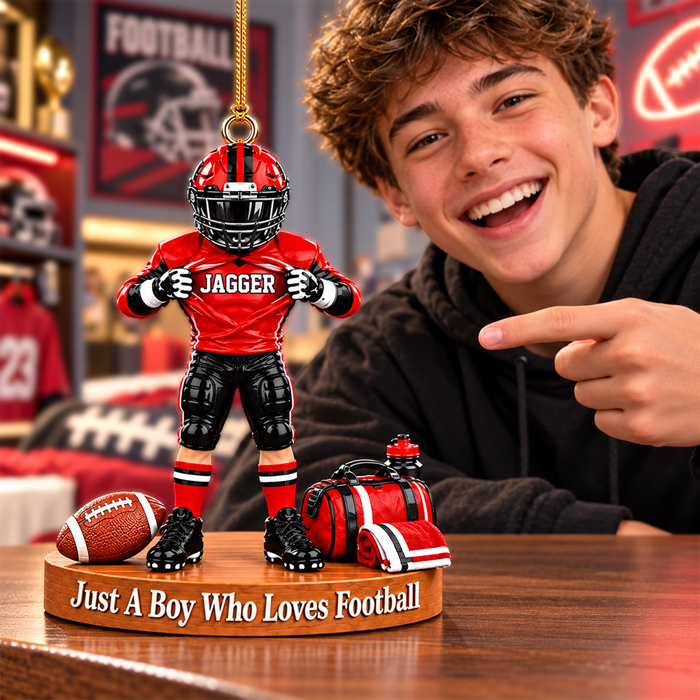 Personalized Football Player Christmas Ornament, Custom Name, Number & Uniform Colors, Just a Boy Who Loves Football Gift New Hv01