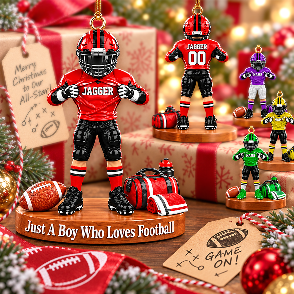 Personalized Football Player Christmas Ornament, Custom Name, Number & Uniform Colors, Just a Boy Who Loves Football Gift New Hv01