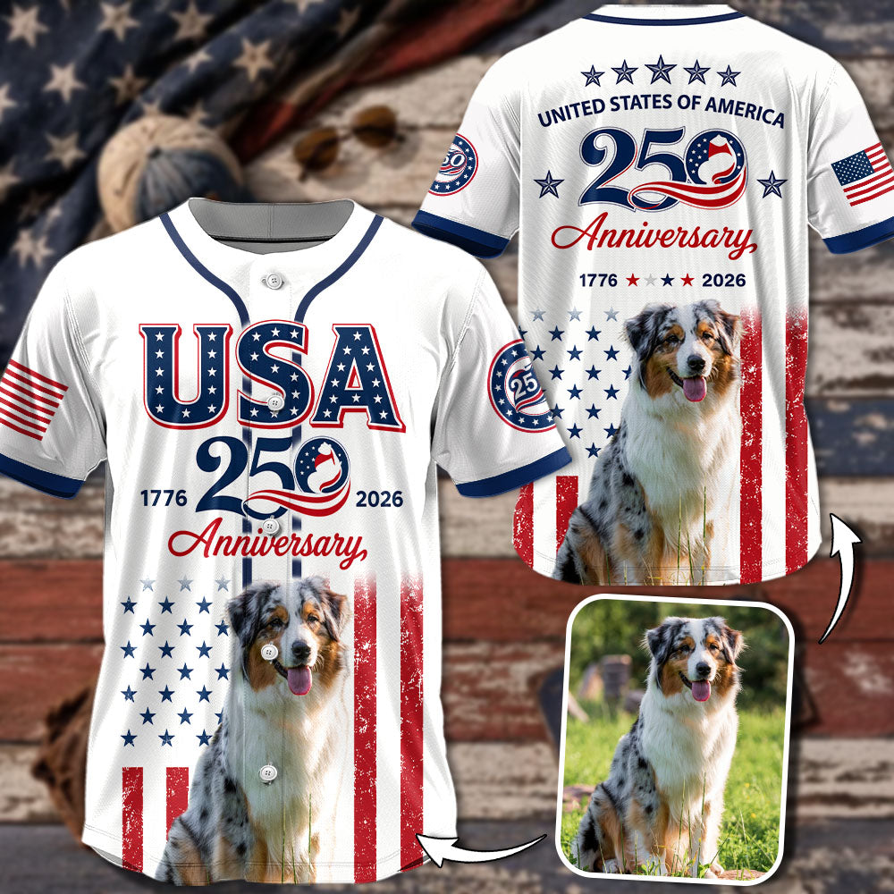 Custom Upload Photo Australian Shepherd USA 250th Anniversary Baseball Jersey 1776-2026 Patriotic Dog Lovers Shirt