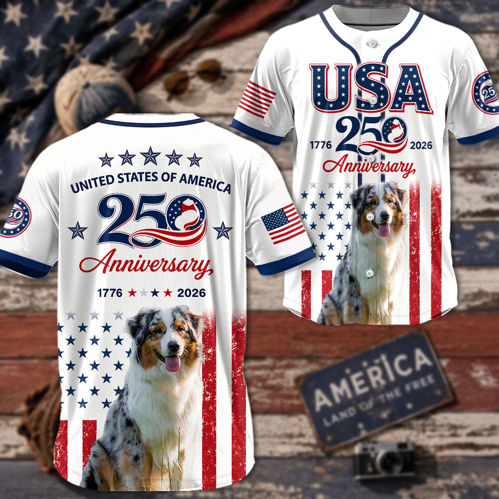 Custom Upload Photo Australian Shepherd USA 250th Anniversary Baseball Jersey 1776-2026 Patriotic Dog Lovers Shirt
