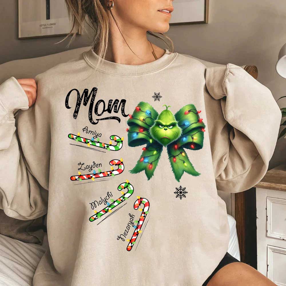 Personalized Grandma Christmas Candy Cane Coquette Bow Shirt, Custom Nana Mimi Funny Christmas Shirt