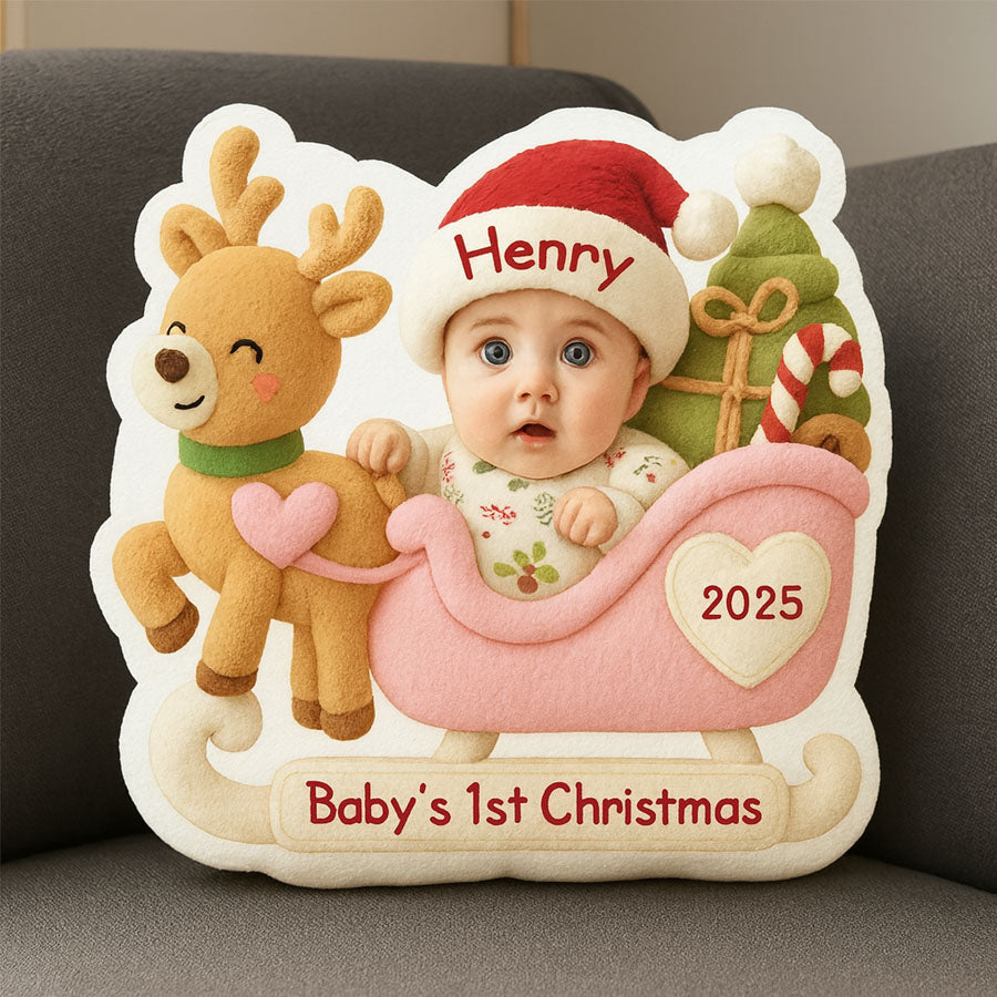 Baby In Reindeer Sleigh - Custom Upload Photo Baby Ugly Plush Pillow