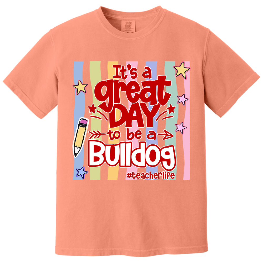 It's A Great Day To Be A Bulldog Personalized School Mascot Retro Stripe Shirt For Teacher T24