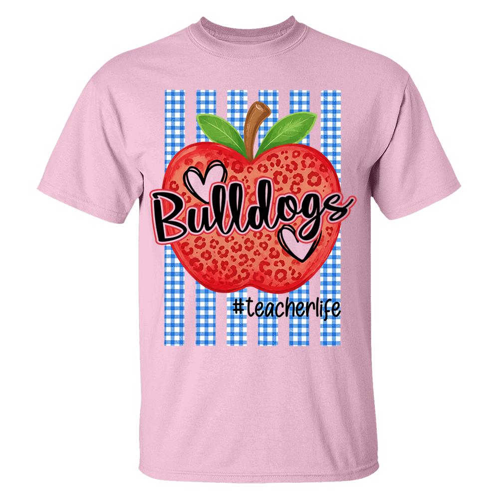 Personalized School Striped Mascot Apple Blue Gingham Stripes T-shirt For Teacher Nh00