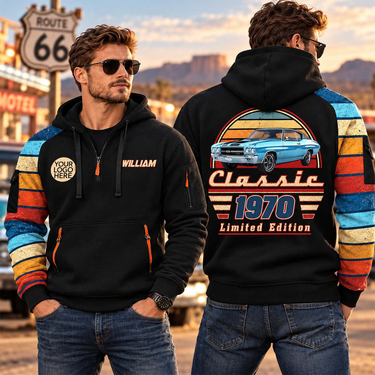 Personalized Photo Classic Car Half Zipper Hoodie - Gift for Dad, Grandpa & Car Lovers A2110 Pt99 VN09