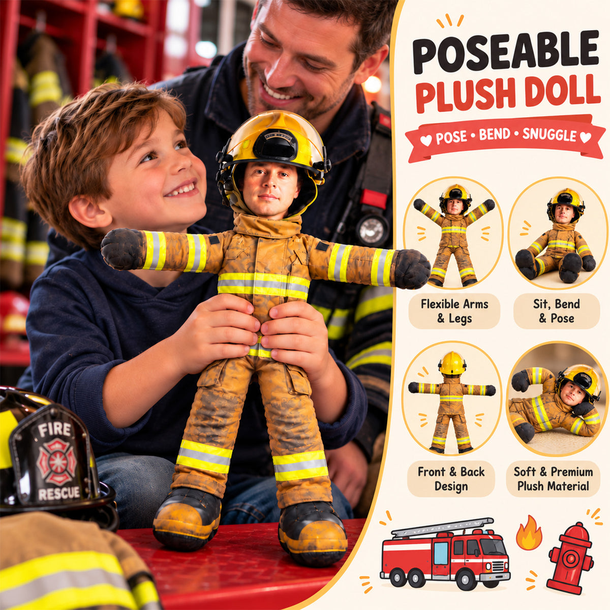 Personalized Firefighter Dad Photo Squishy Toy Poseable Plush Doll, Christmas Gift for Kids and Firefighter Family T1807 Hv01 NT01