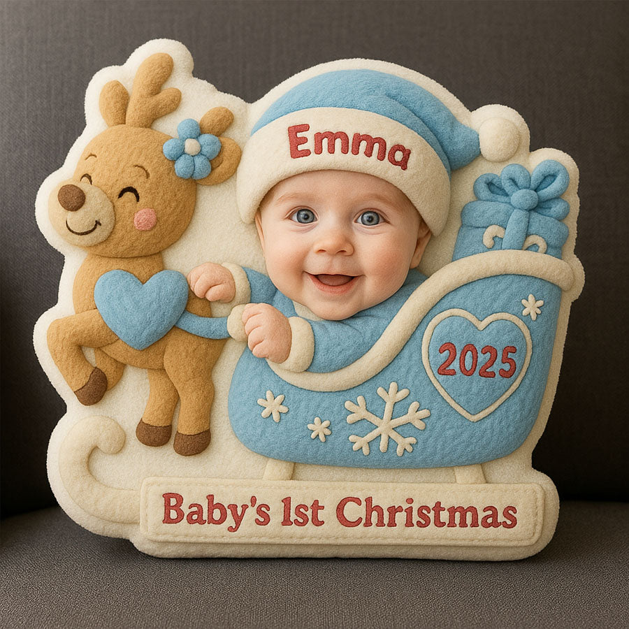 Baby In Reindeer Sleigh - Custom Upload Photo Baby Ugly Plush Pillow