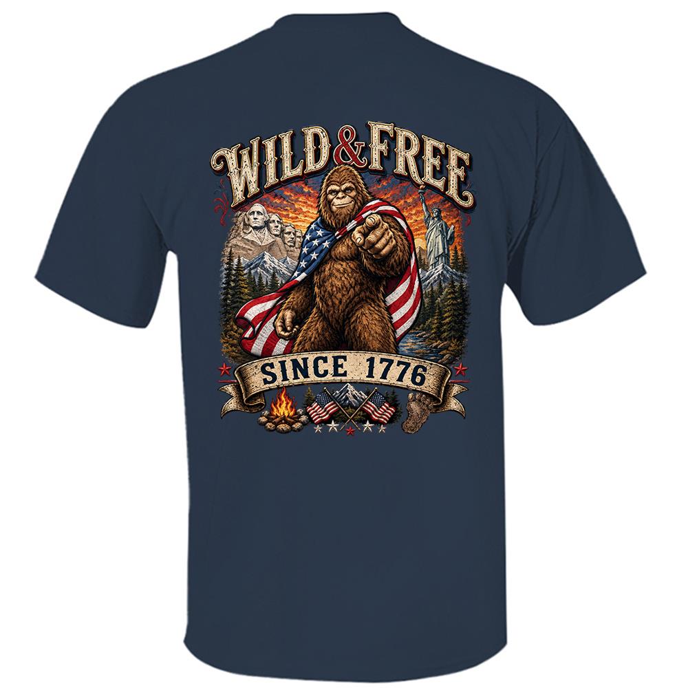 Custom Wild & Free Since 1776 Bigfoot Patriotic T-Shirt