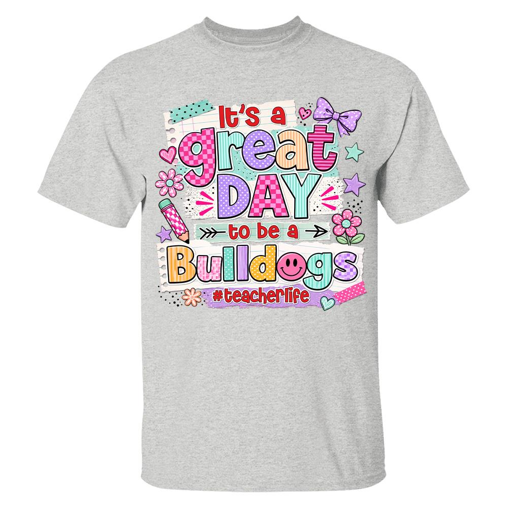 Striped Neon It's A Great Day To Be A Bulldog Personalized School Mascot Retro Stripe Shirt For Teacher Hv01