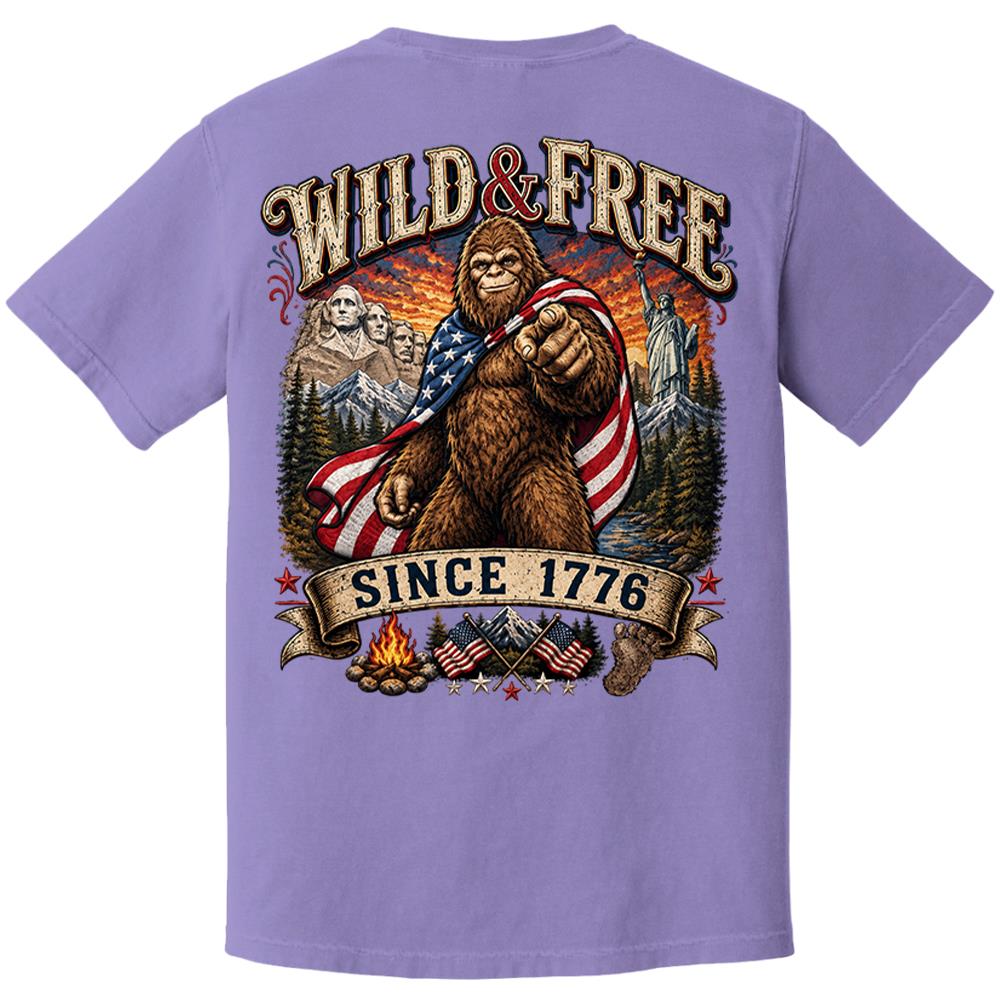 Custom Wild & Free Since 1776 Bigfoot Patriotic T-Shirt