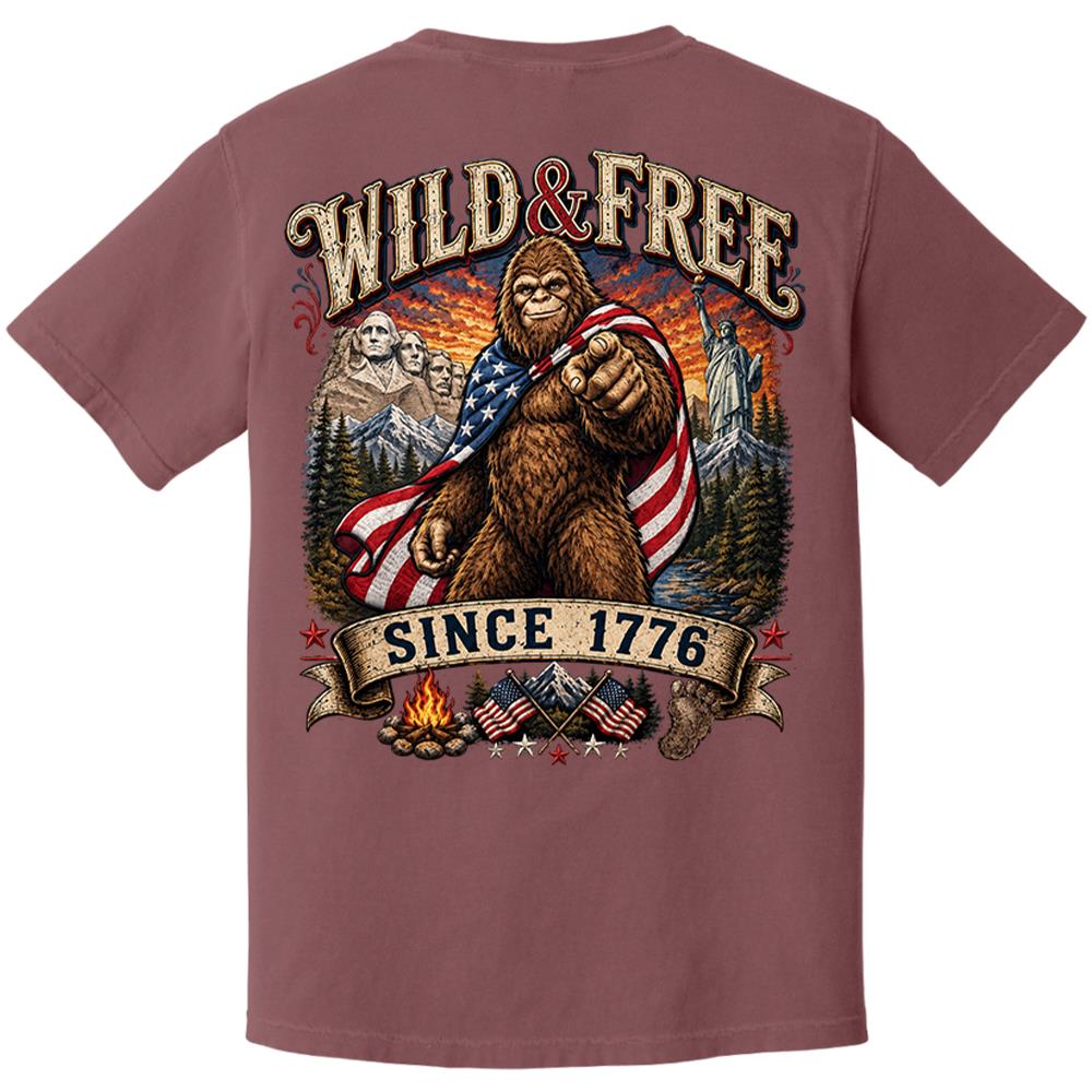Custom Wild & Free Since 1776 Bigfoot Patriotic T-Shirt