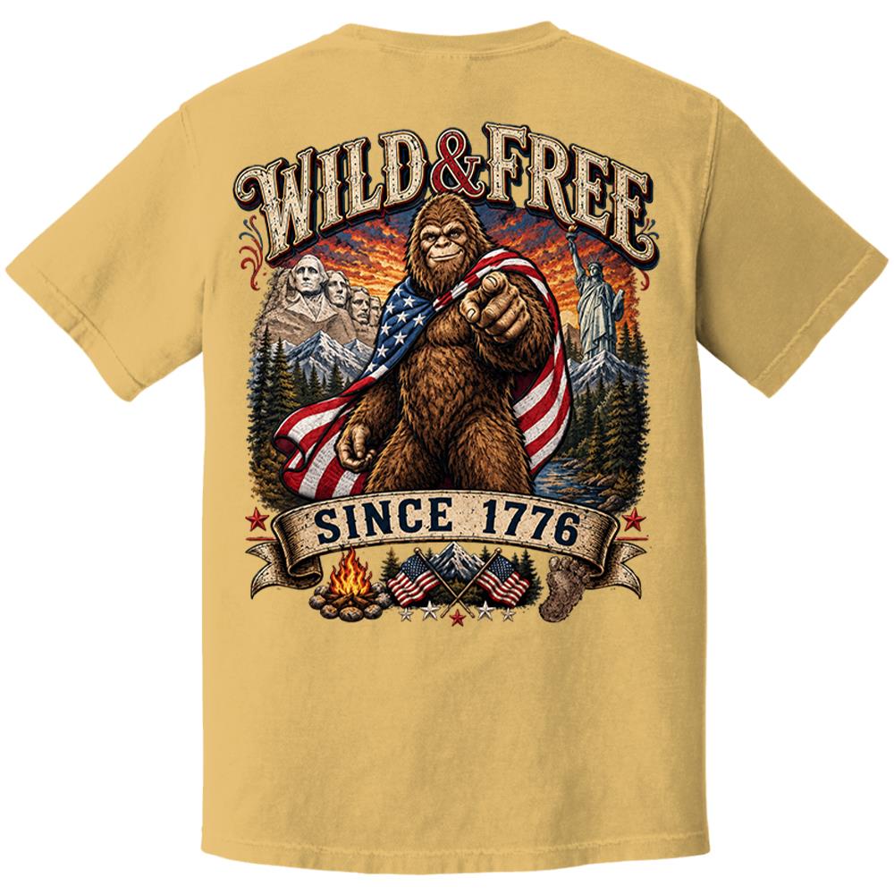 Custom Wild & Free Since 1776 Bigfoot Patriotic T-Shirt