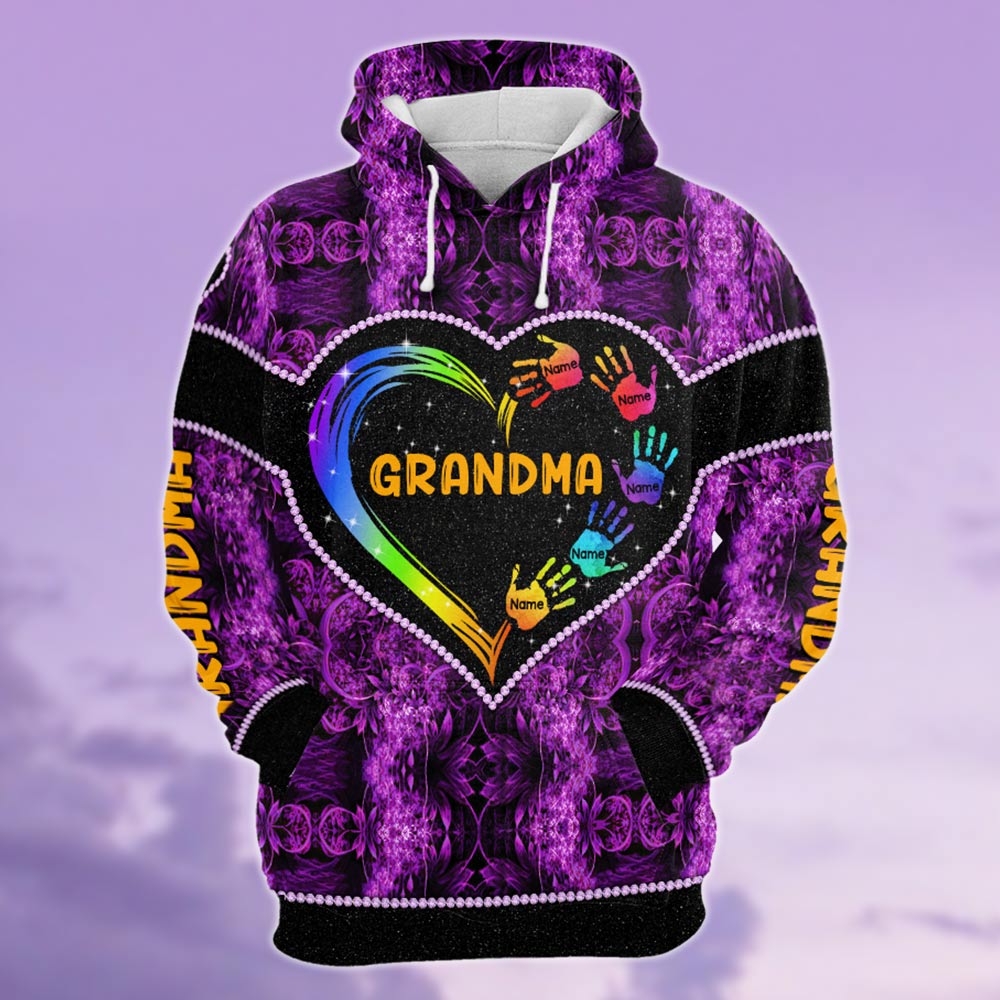 Grandma Heart And Grandkids Hands Personalized All Over Print Shirt, 3D Hoodie, Tank Top and Legging Set For Grandma Hn98