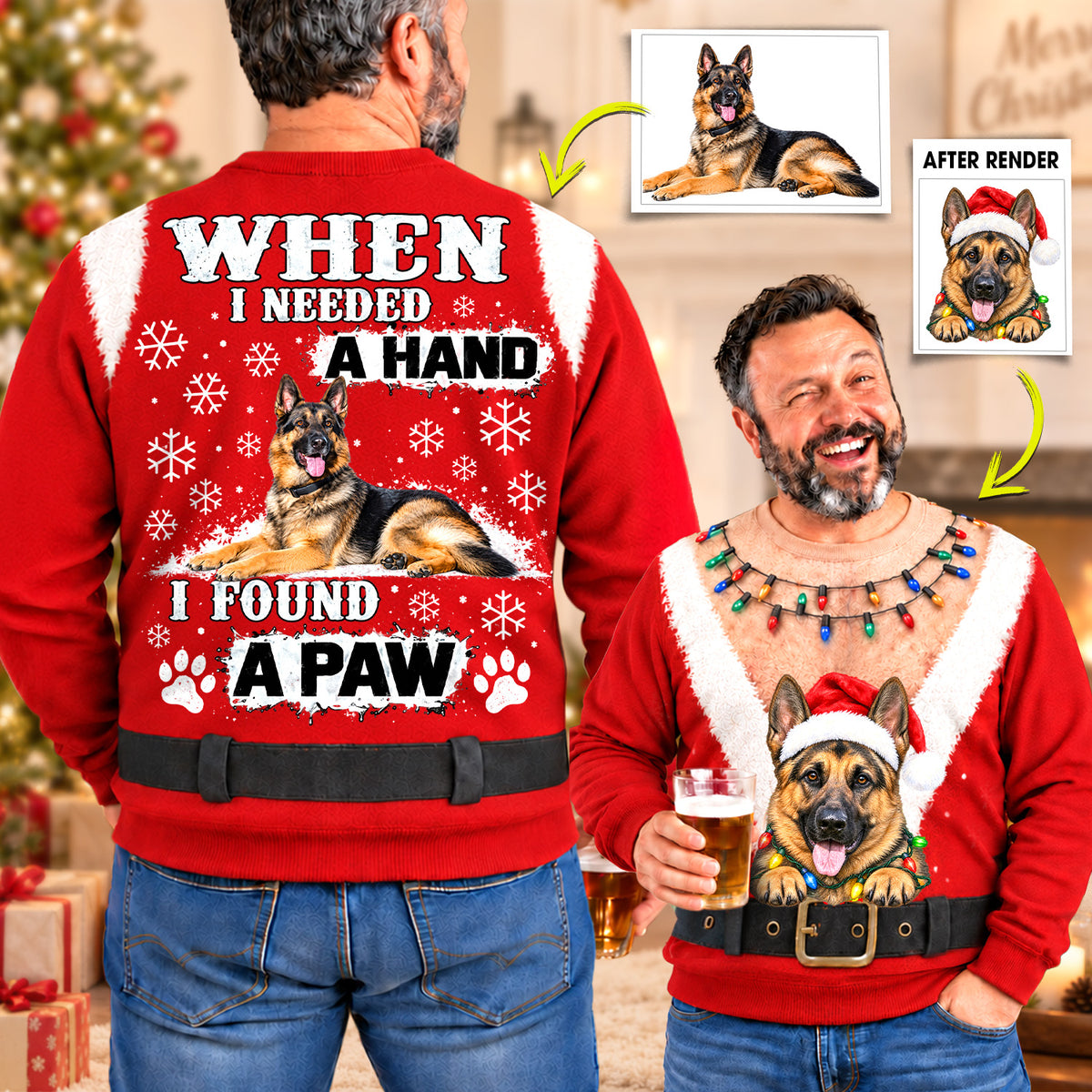 Personalized Funny Christmas All Over Print Shirts, When I Needed A Hand I Found A Paw, Custom Photo Dog Shirt Gift For Dog Lovers T1807 Hv01