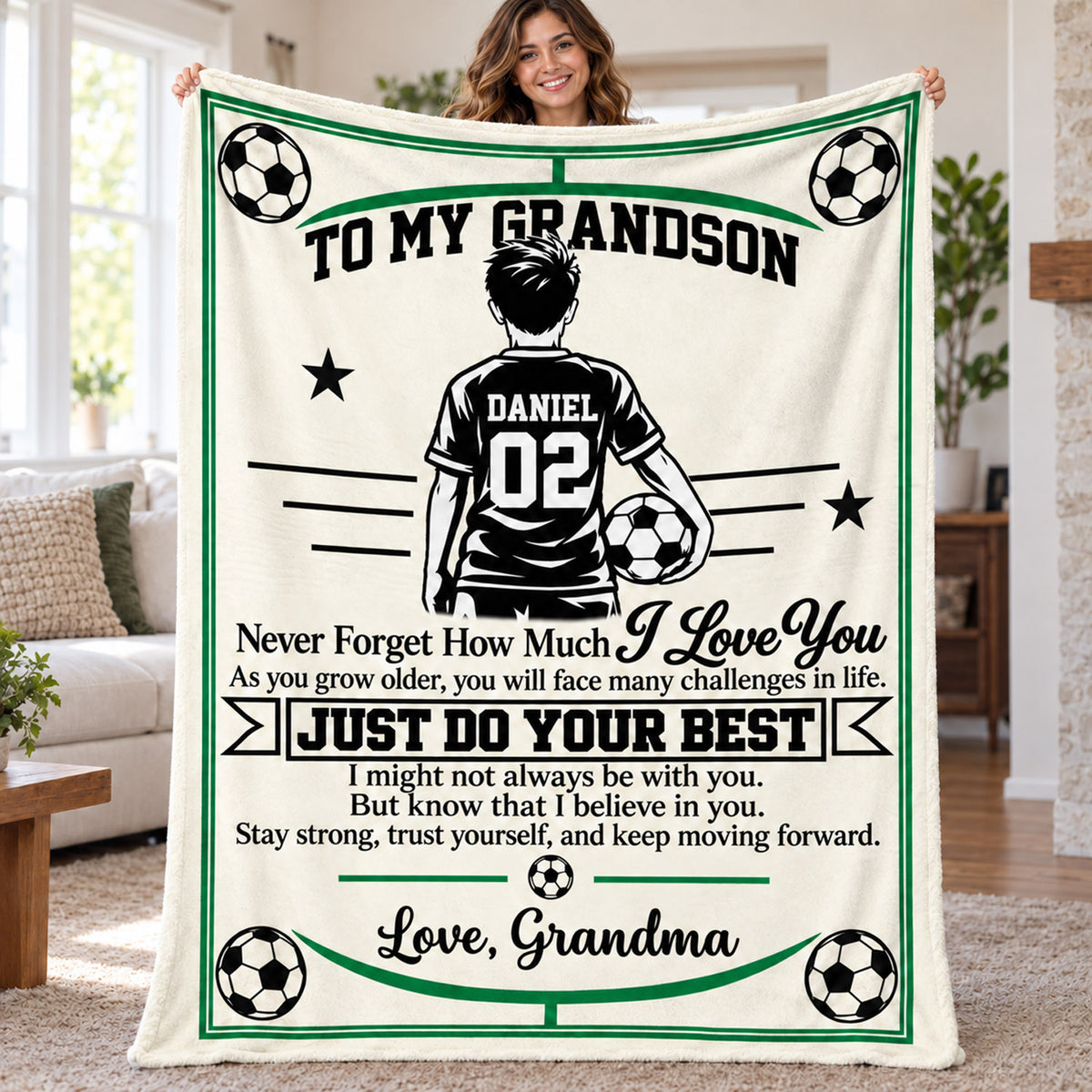 Personalized Soccer Blanket for Grandson, Custom Name & Number Soccer Player Throw Blanket, Gift from Grandma Na02 Nh00 KL07