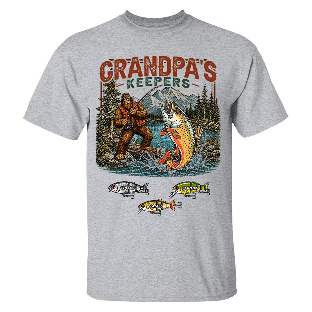 Grandpa's Keepers Bigfoot Fishing Shirt, Personalized Dad Shirt With Custom Kids, Bigfoot Fisherman Father's Day Gift, Gift for Dad Na02 Nh00