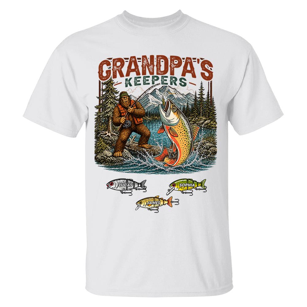 Grandpa's Keepers Bigfoot Fishing Shirt, Personalized Dad Shirt With Custom Kids, Bigfoot Fisherman Father's Day Gift, Gift for Dad Na02 Nh00