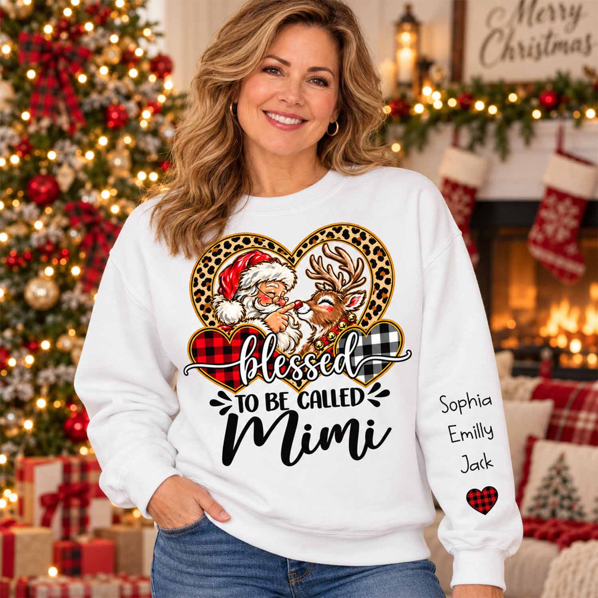 Personalized Blessed To Be Called Mimi Christmas Sweater, Custom Grandchildren Names on Sleeve Pullover, Leopard Buffalo Plaid Heart Grandma Gift C2408 Li29 TL06