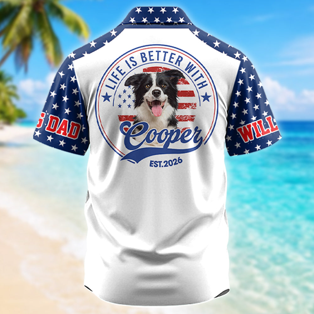 This Human Belongs To, Custom Photo Dog Short Sleeve Silk Shirt, Celebrate America 250th Anniversary Shirt, Gift For Dog Lover T1807 T24