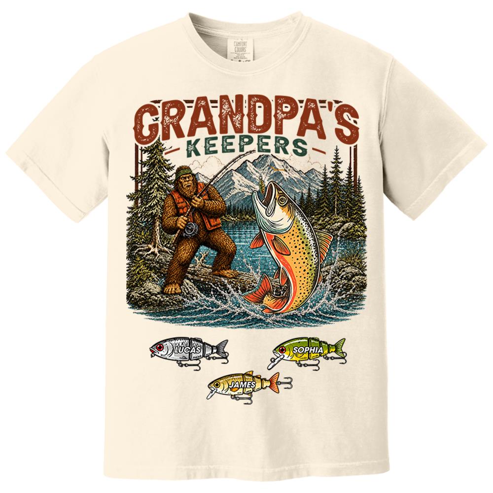 Grandpa's Keepers Bigfoot Fishing Shirt, Personalized Dad Shirt With Custom Kids, Bigfoot Fisherman Father's Day Gift, Gift for Dad Na02 Nh00