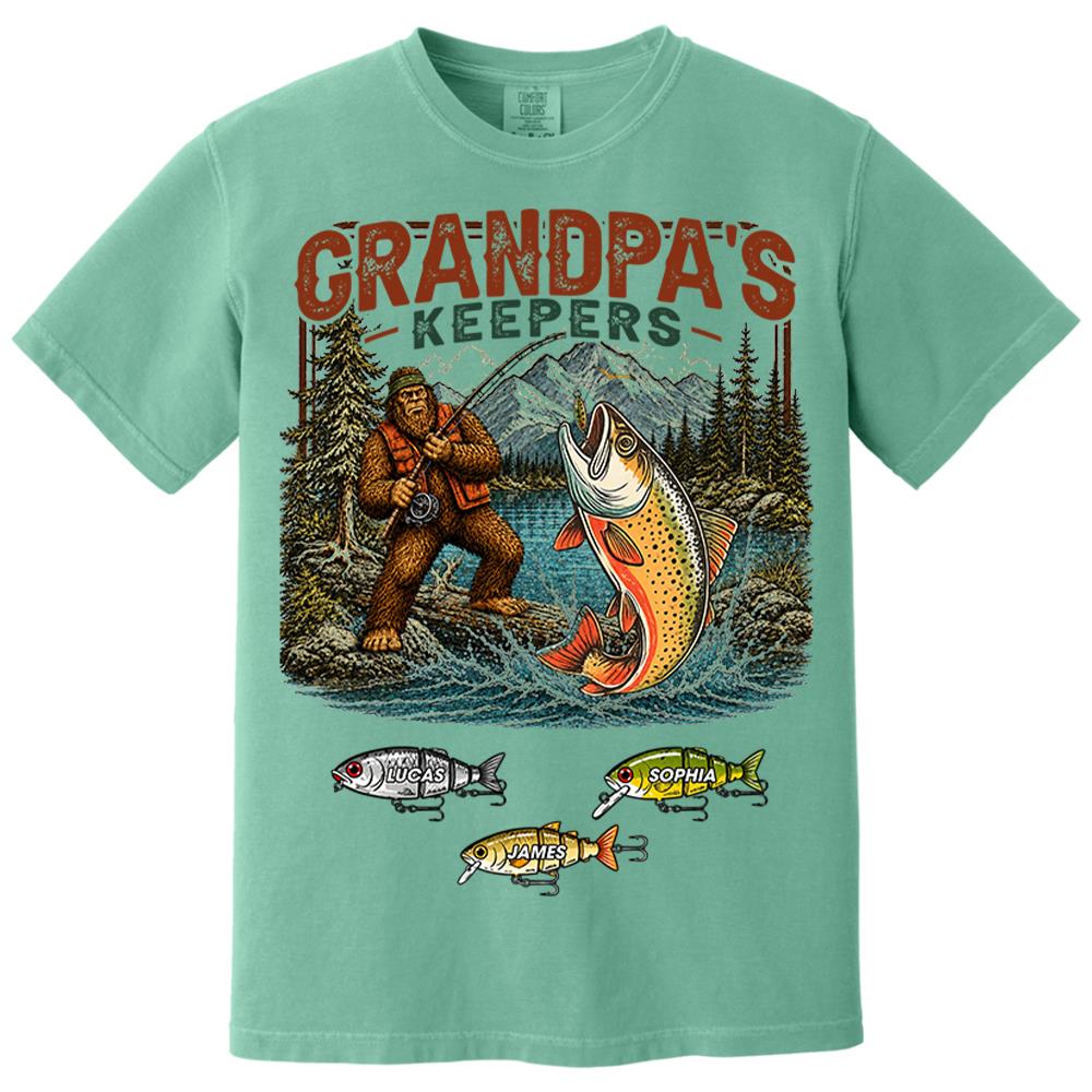 Grandpa's Keepers Bigfoot Fishing Shirt, Personalized Dad Shirt With Custom Kids, Bigfoot Fisherman Father's Day Gift, Gift for Dad Na02 Nh00