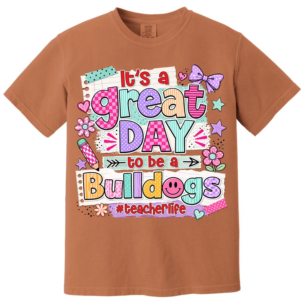 Striped Neon It's A Great Day To Be A Bulldog Personalized School Mascot Retro Stripe Shirt For Teacher Hv01