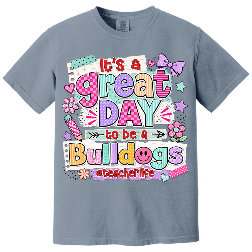 Striped Neon It's A Great Day To Be A Bulldog Personalized School Mascot Retro Stripe Shirt For Teacher Hv01