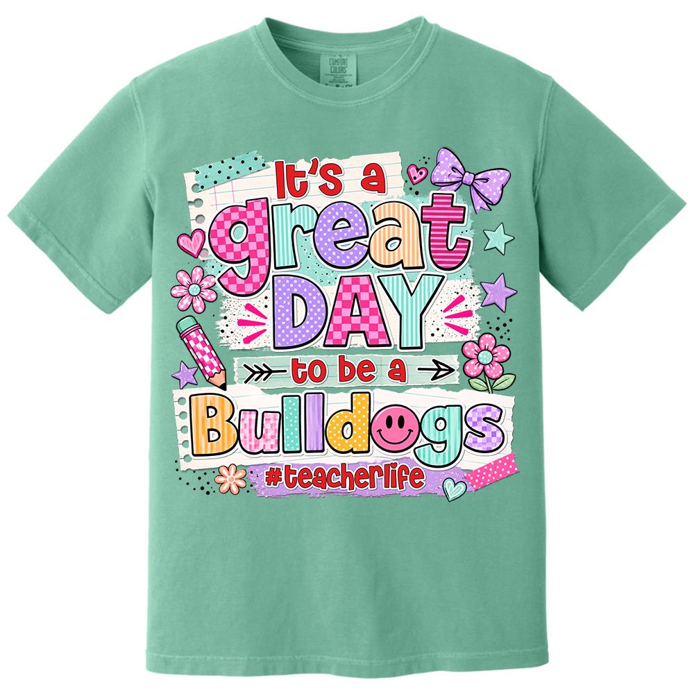 Striped Neon It's A Great Day To Be A Bulldog Personalized School Mascot Retro Stripe Shirt For Teacher Hv01