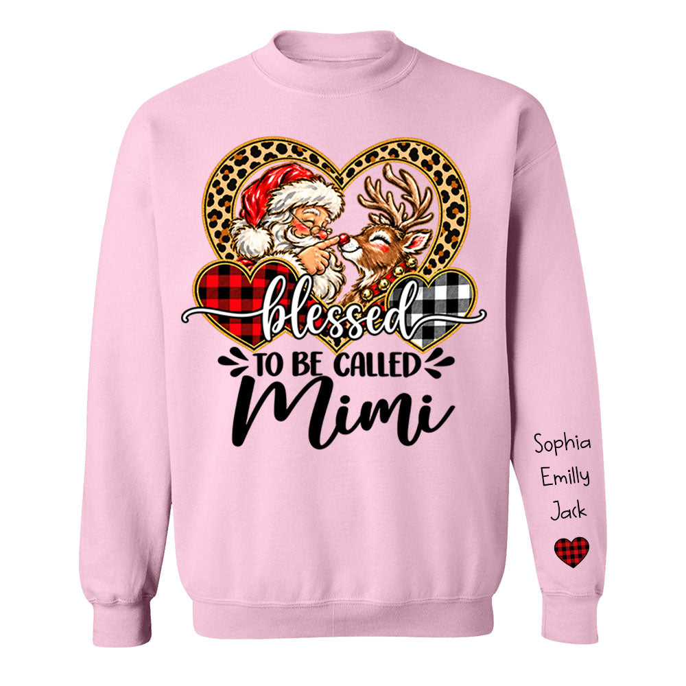 Personalized Blessed To Be Called Mimi Christmas Sweater, Custom Grandchildren Names on Sleeve Pullover, Leopard Buffalo Plaid Heart Grandma Gift C2408 Li29 TL06