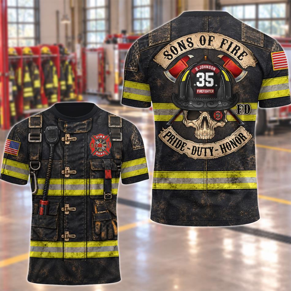 Personalized Sons Of Fire Pride Duty Honor Christmas Ugly Sweatshirt All Over Print Shirt, Custom Name Gift for Firefighters H2511 Trna
