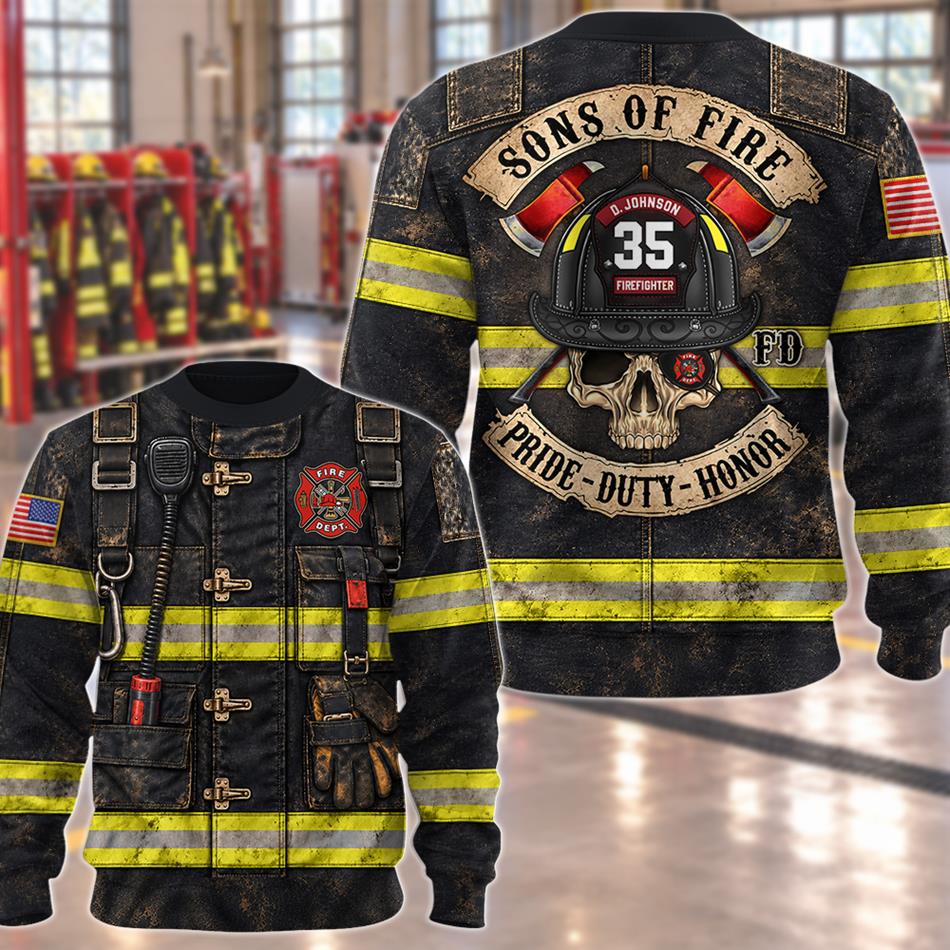Personalized Sons Of Fire Pride Duty Honor Christmas Ugly Sweatshirt All Over Print Shirt, Custom Name Gift for Firefighters H2511 Trna