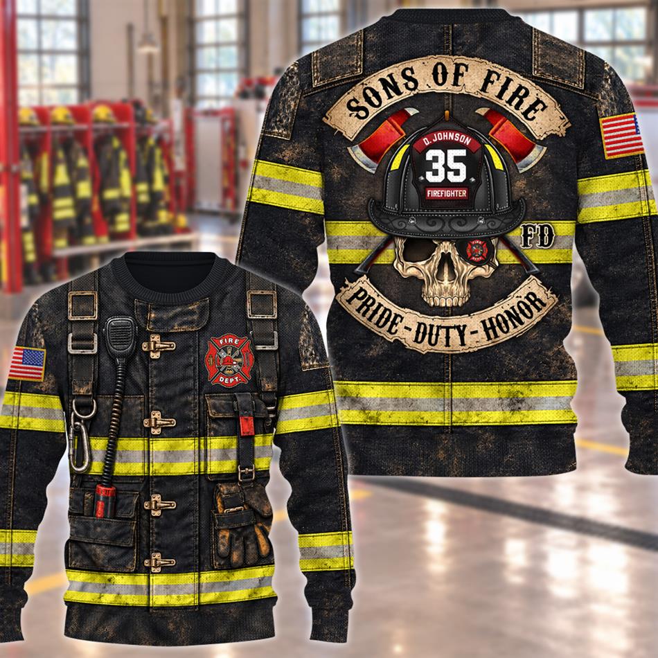 Personalized Sons Of Fire Pride Duty Honor Christmas Ugly Sweatshirt All Over Print Shirt, Custom Name Gift for Firefighters H2511 Trna