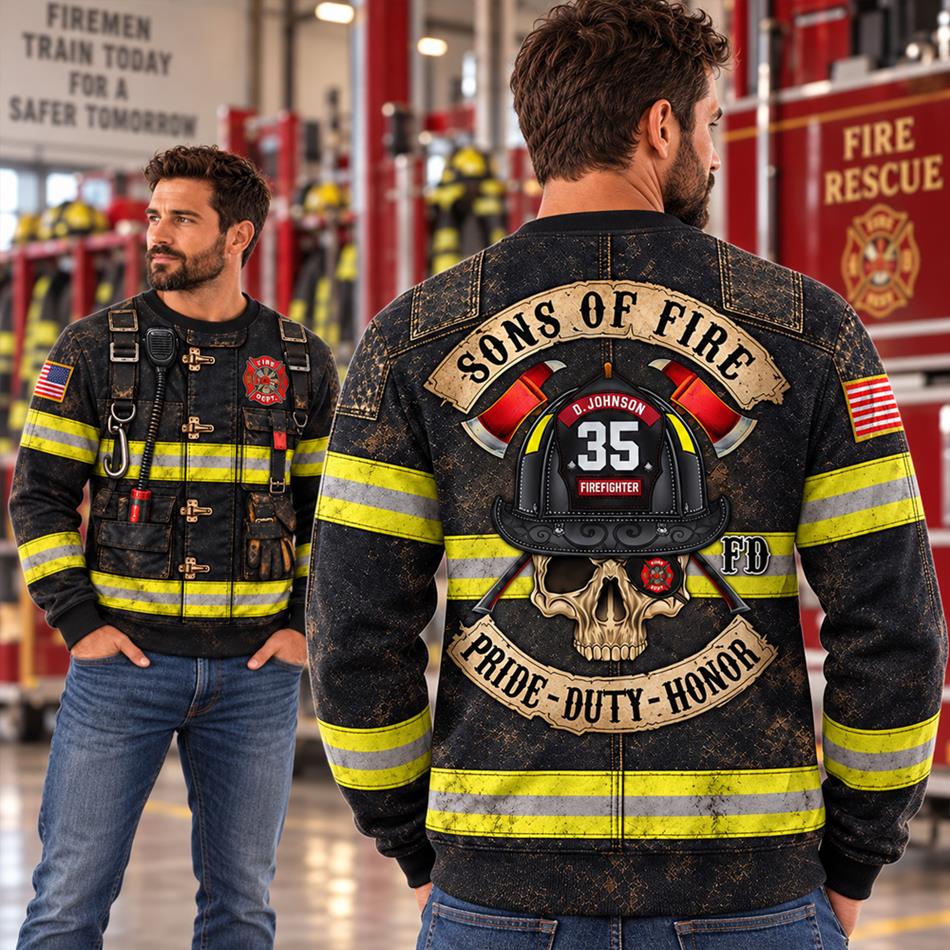 Personalized Sons Of Fire Pride Duty Honor Christmas Ugly Sweatshirt All Over Print Shirt, Custom Name Gift for Firefighters H2511 Trna
