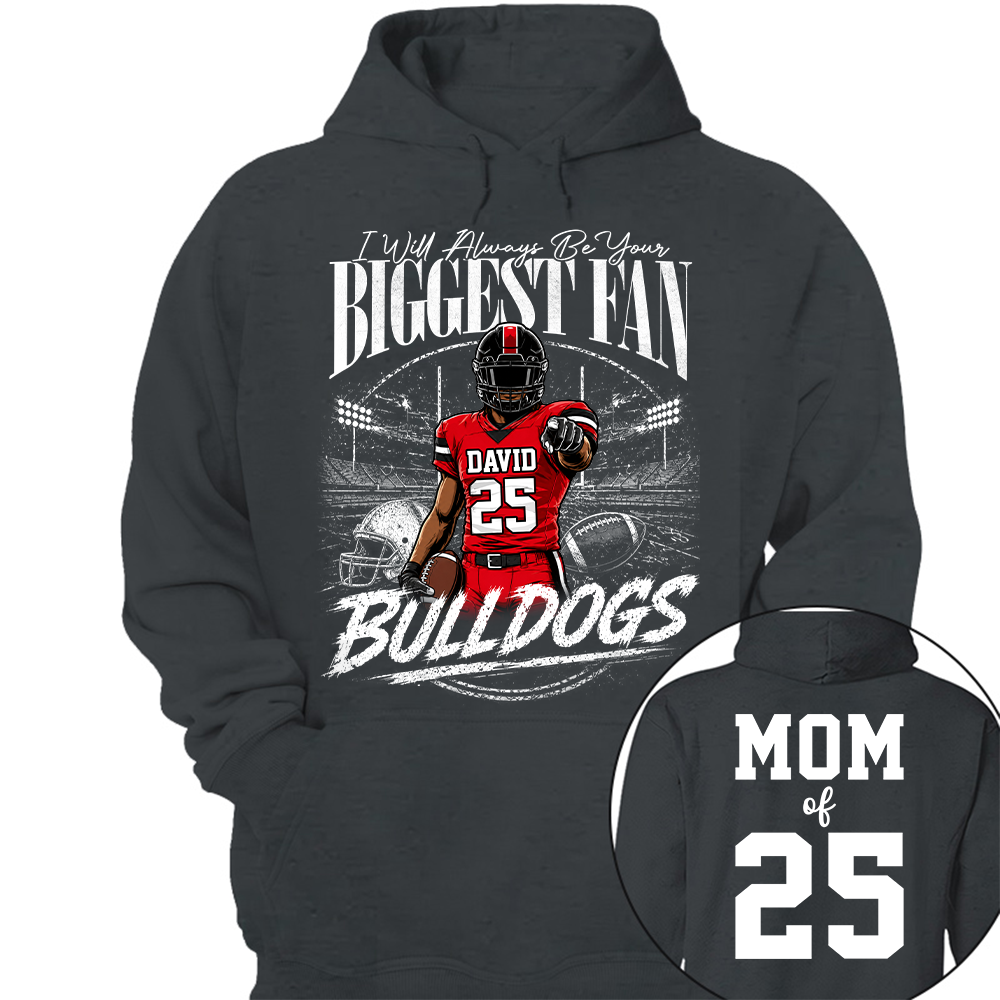 I'll Always Be Your Biggest Fan, Personalized Football Mom Shirt, Custom Player Name & Number Tee, Game Day Mom Gift Na02 Hv01