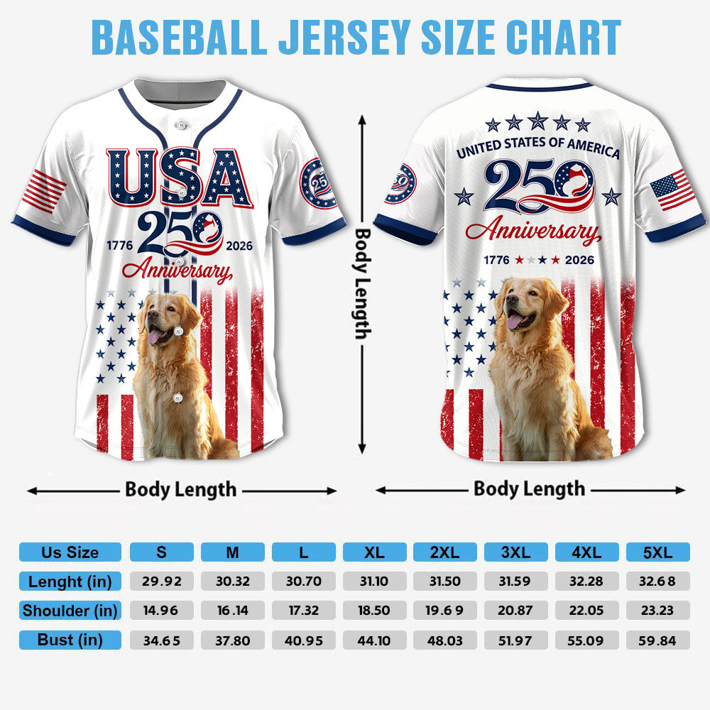 Custom Upload Photo Golden Retriever USA 250th Anniversary Baseball Jersey 1776-2026 Patriotic Dog Lovers Shirt Pt99