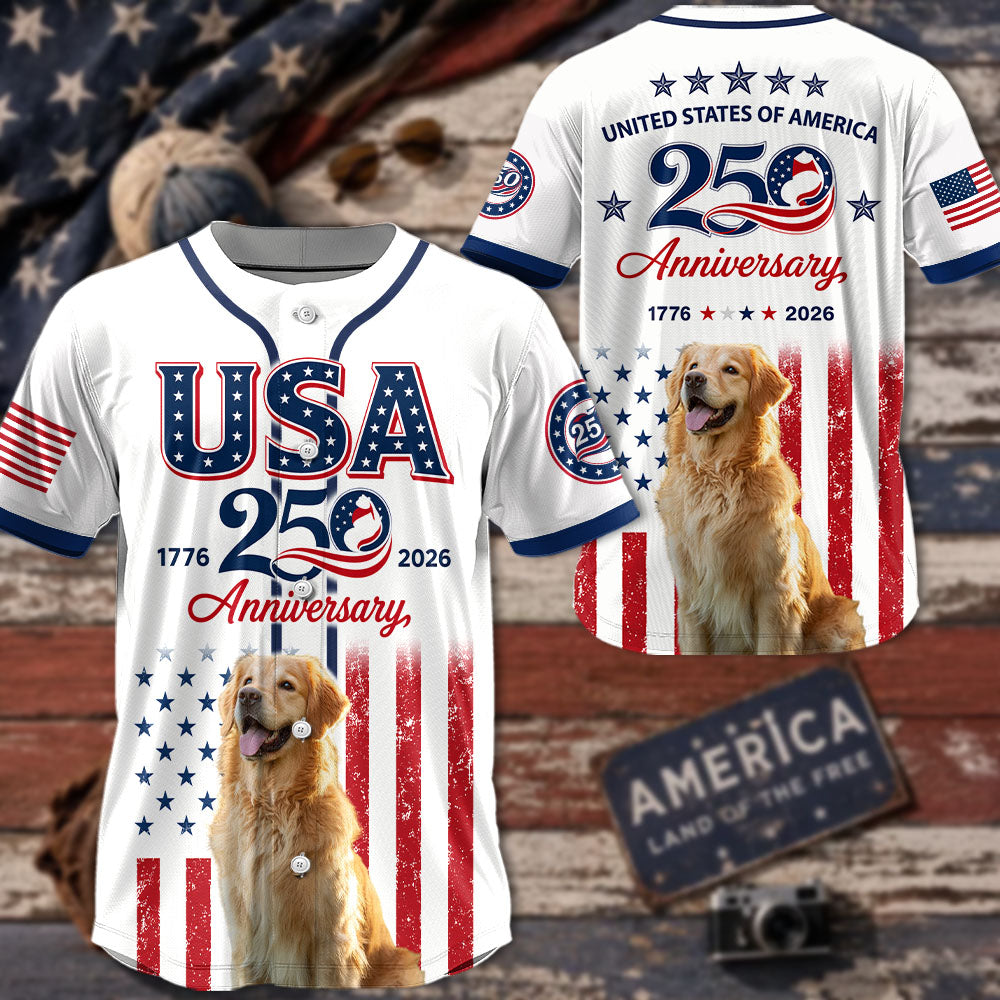 Custom Upload Photo Golden Retriever USA 250th Anniversary Baseball Jersey 1776-2026 Patriotic Dog Lovers Shirt Pt99