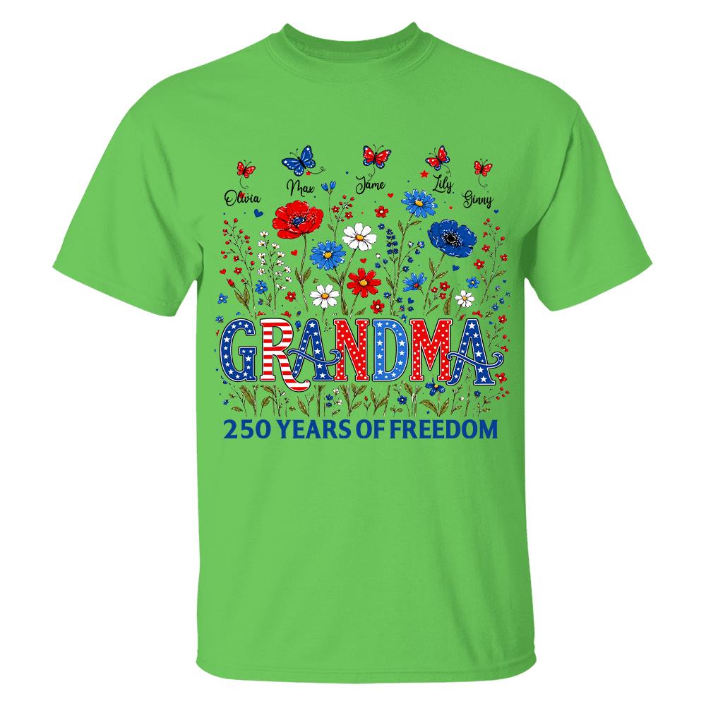 Personalized Grandma Shirt USA 250th Anniversary, Boho Floral Patriotic Tee, Custom Names Gift For Grandma Na02 Hv01