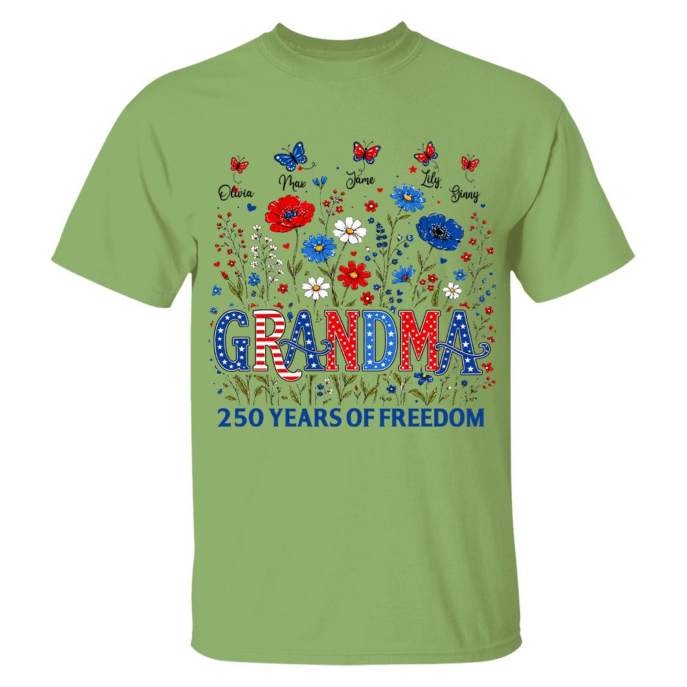 Personalized Grandma Shirt USA 250th Anniversary, Boho Floral Patriotic Tee, Custom Names Gift For Grandma Na02 Hv01