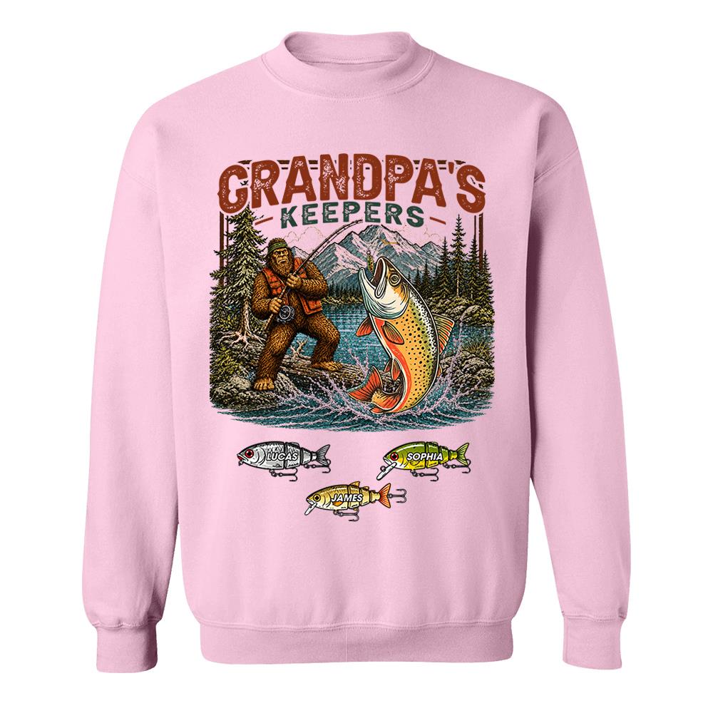 Grandpa's Keepers Bigfoot Fishing Shirt, Personalized Dad Shirt With Custom Kids, Bigfoot Fisherman Father's Day Gift, Gift for Dad Na02 Nh00