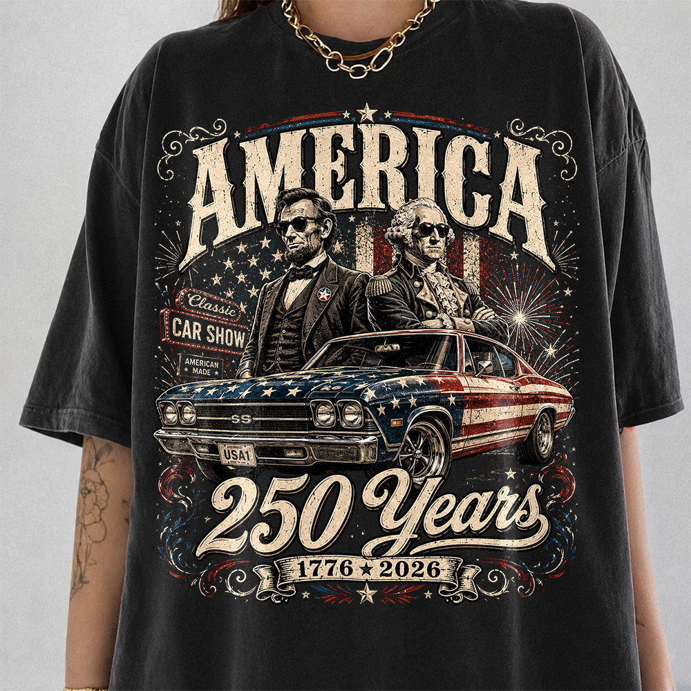 250 Years America Anniversary Classic Car Shirt, George Washington & Lincoln Playing Guitar, Funny 4th of July Tee For Car Lovers Hv01
